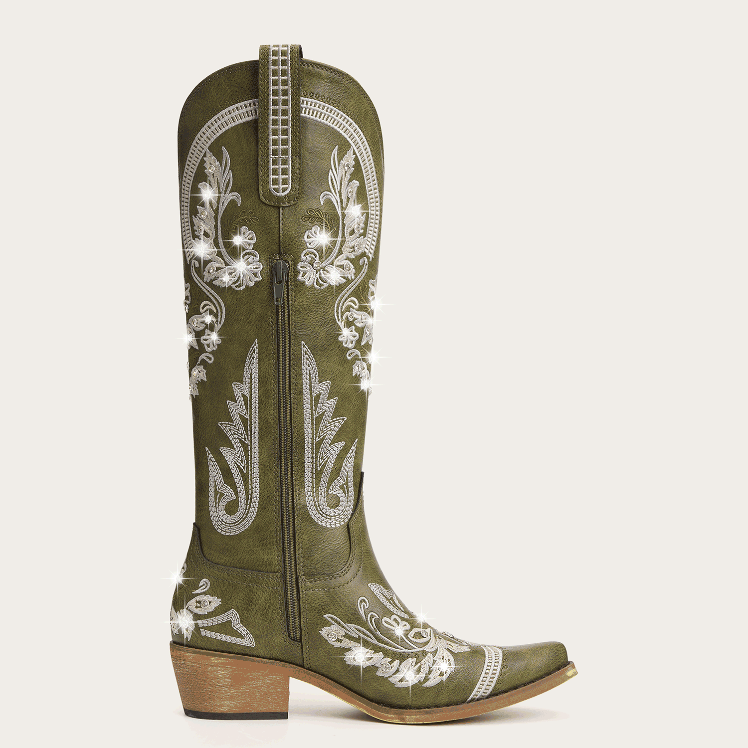 The Aurelia - Olive Green Women's Cowboy Boots with Snip Toe & Floral Embroidery