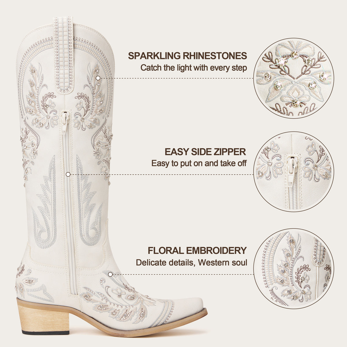 The Aurelia - Cream Floral Embroidered Rhinestone Snip Toe Cowgirl Boots