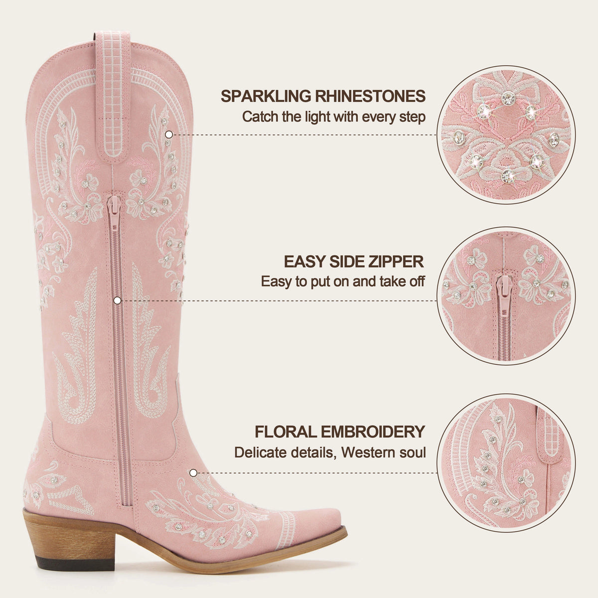 The Aurelia - Blush Pink Floral Embroidered Rhinestone Snip Toe Cowgirl Boots