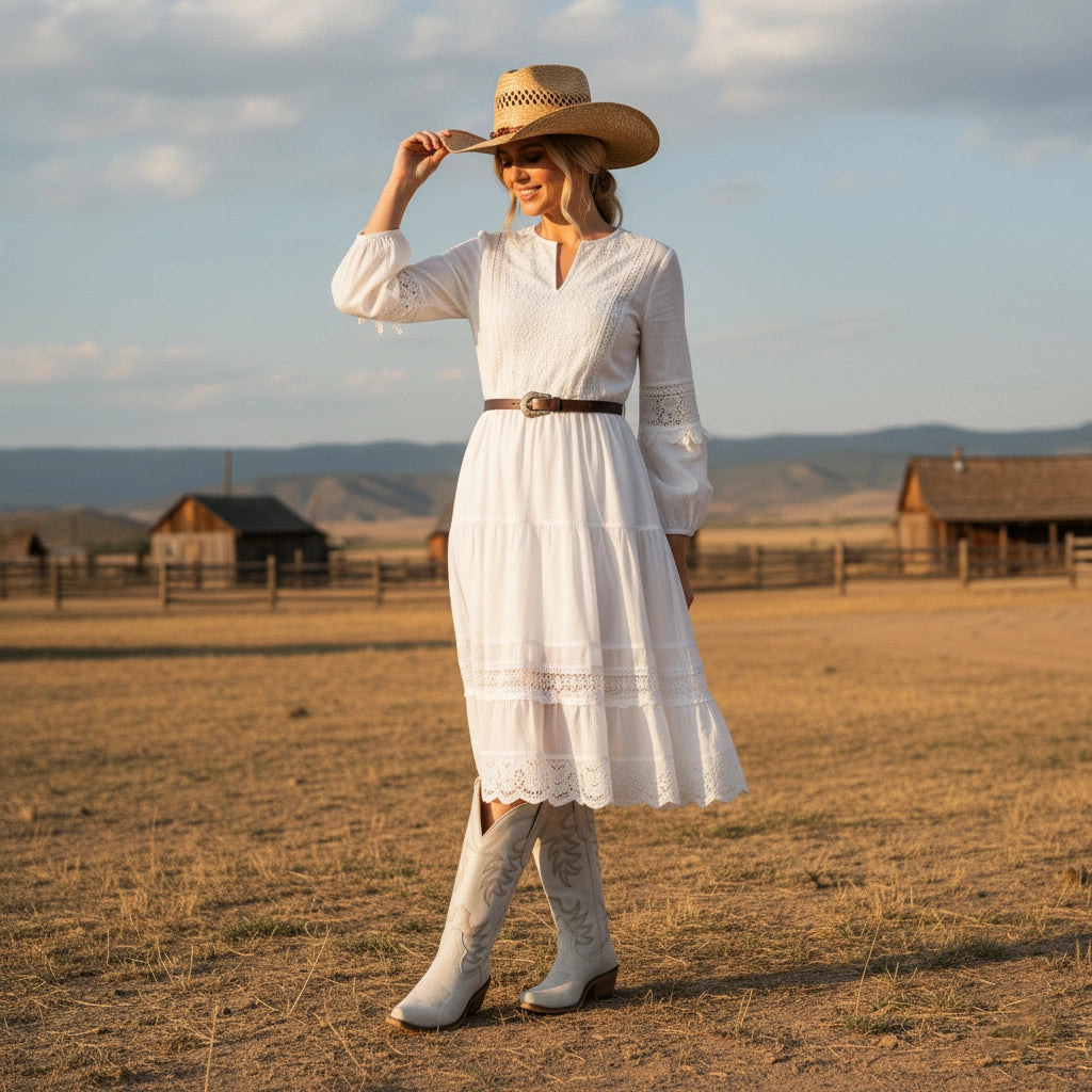 The Elizabeth - Ivory Cowgirl Boots Snip Toe with Embroidered Detail