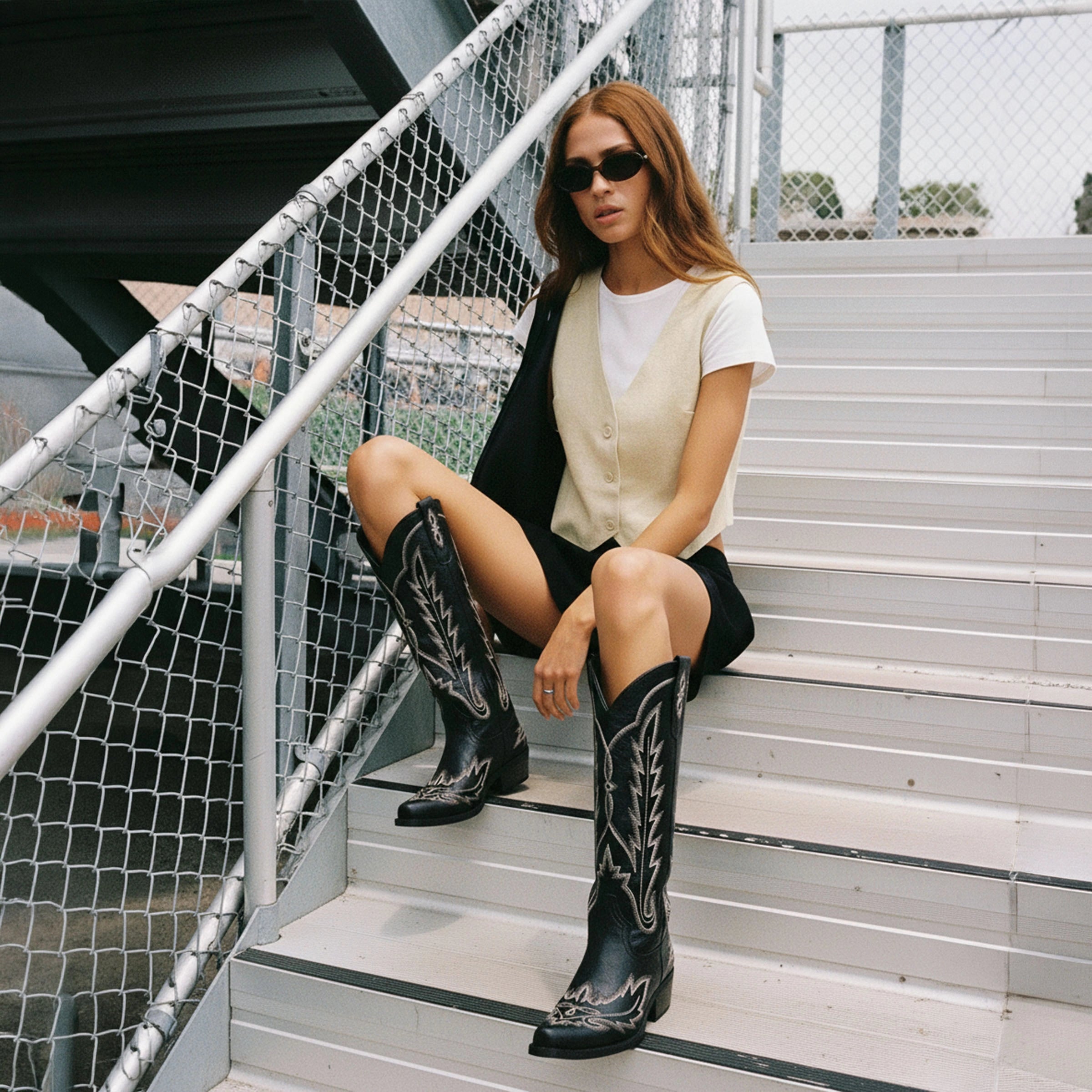 The Rosemary - Black Classic Tall Cowgirl Boots with Embroidery