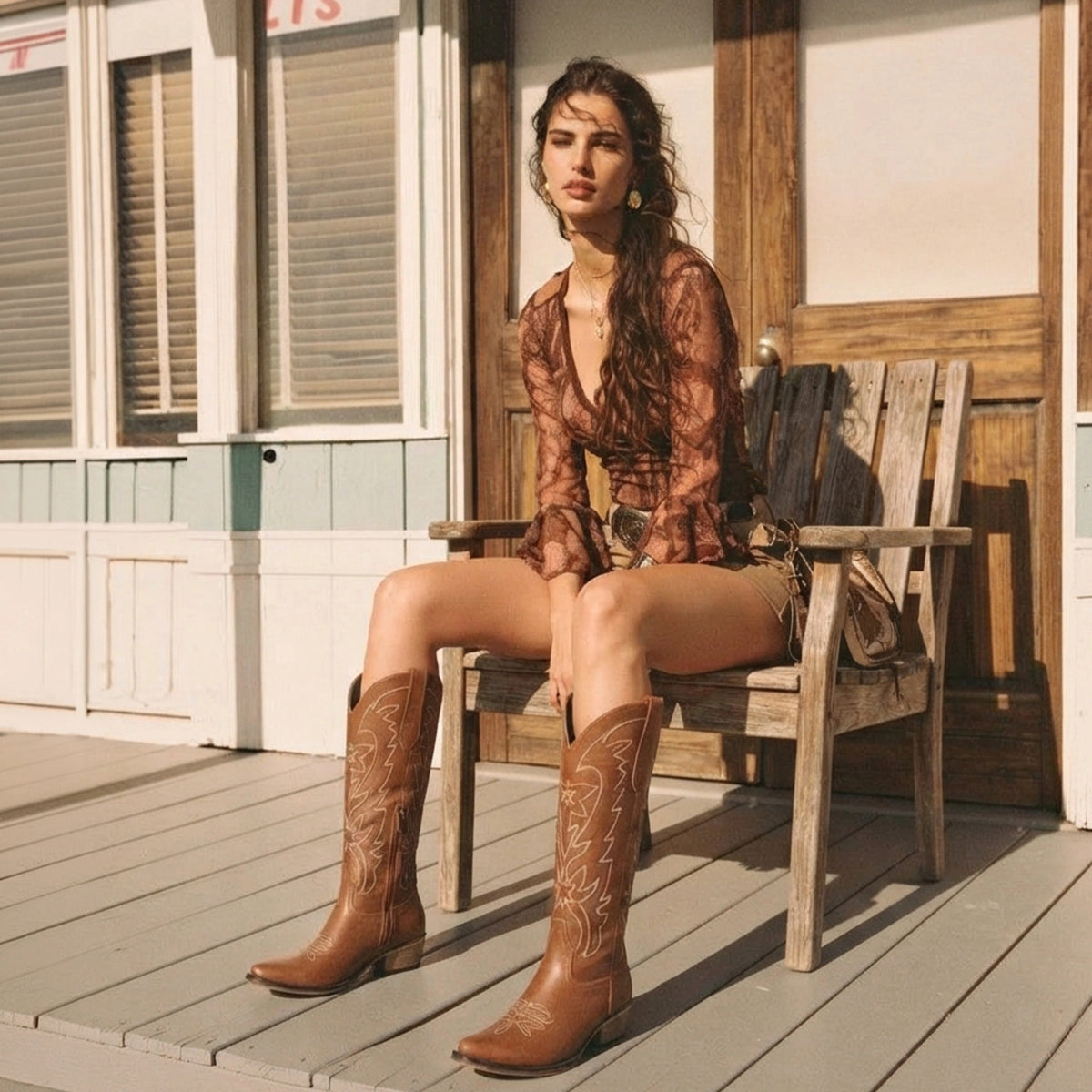 The Molly Wood - Chestnut Brown Starburst Embroidered Tall Western Cowgirl Boots with Side Zipper