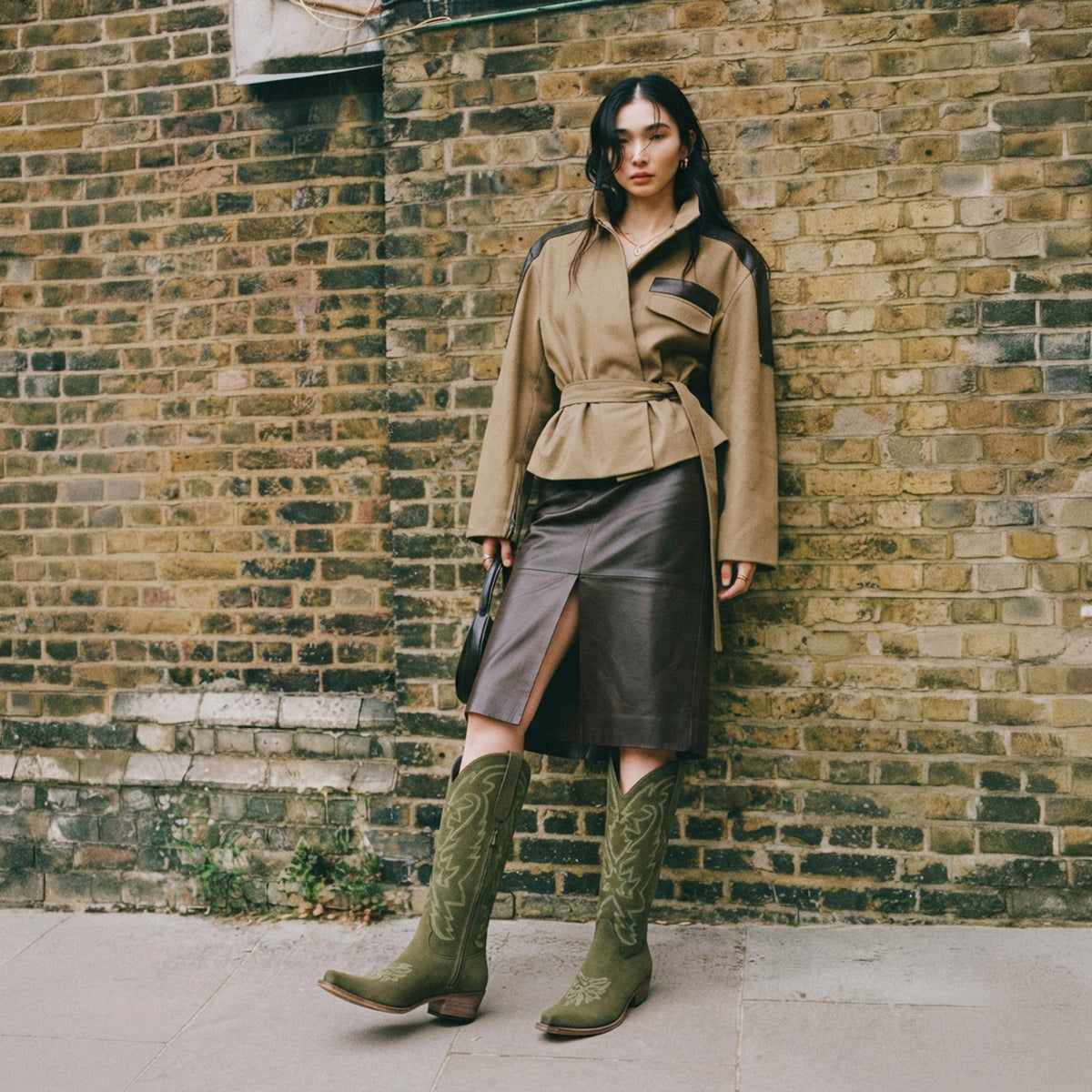 The Molly Wood - Olive Embroidered Tall Western Cowgirl Boots with Side Zipper