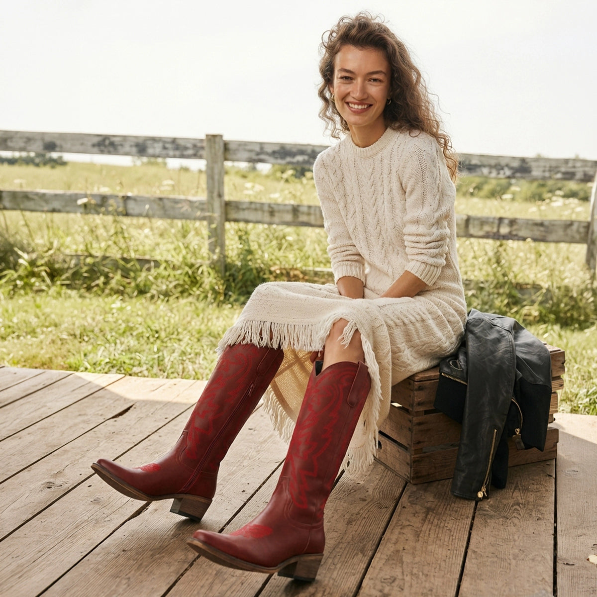 The Molly Wood - Canyon Red Embroidered Tall Western Cowgirl Boots with Side Zipper