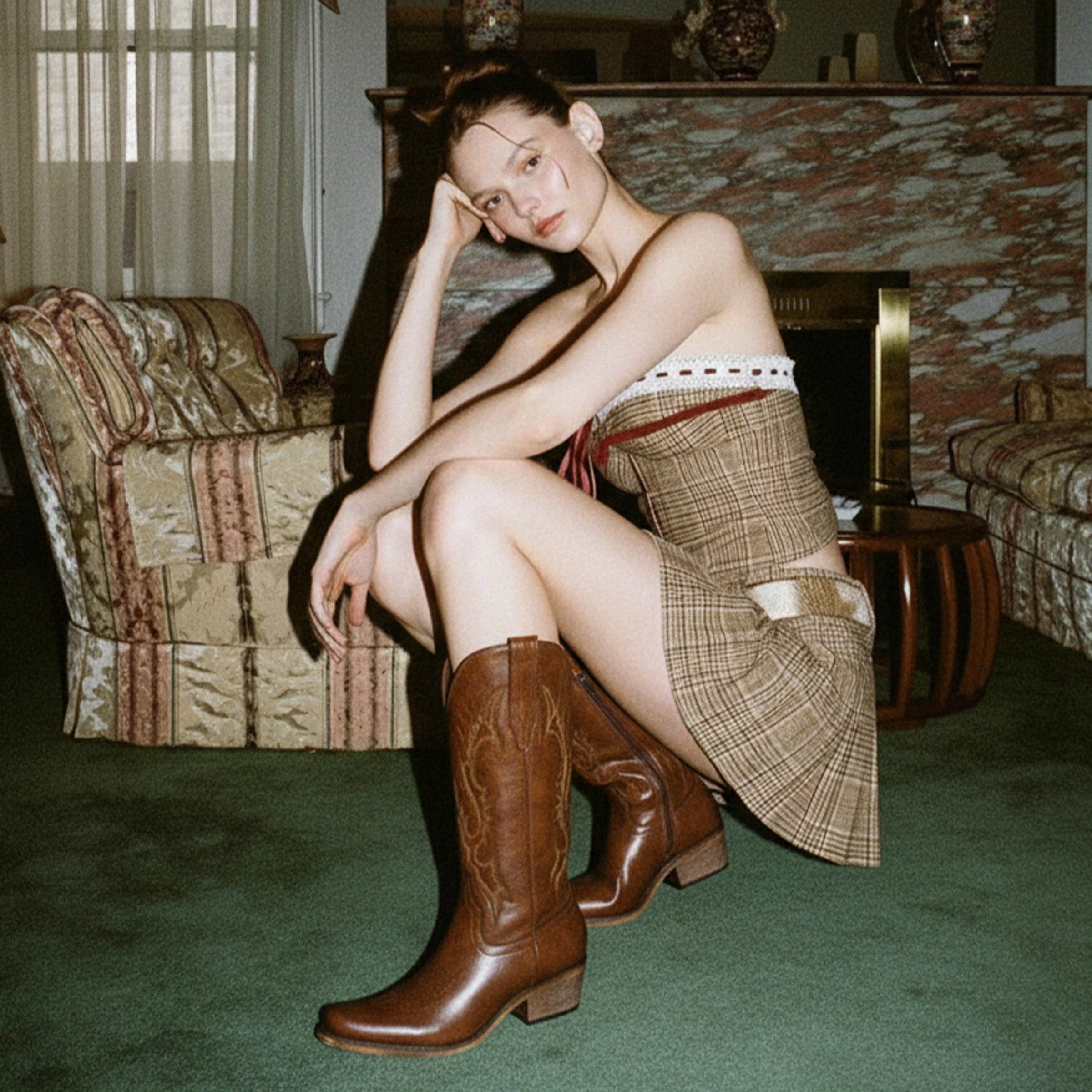 The Phoenix - Brown Short Tall Cowboy Boots with Classic Western Embroidery