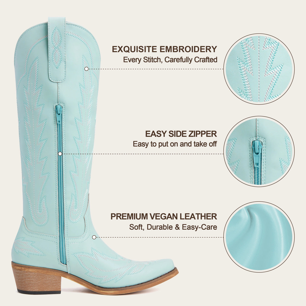 The Rosemary - Sky Blue Embroidered Tall Western Cowgirl Boots with Side Zipper