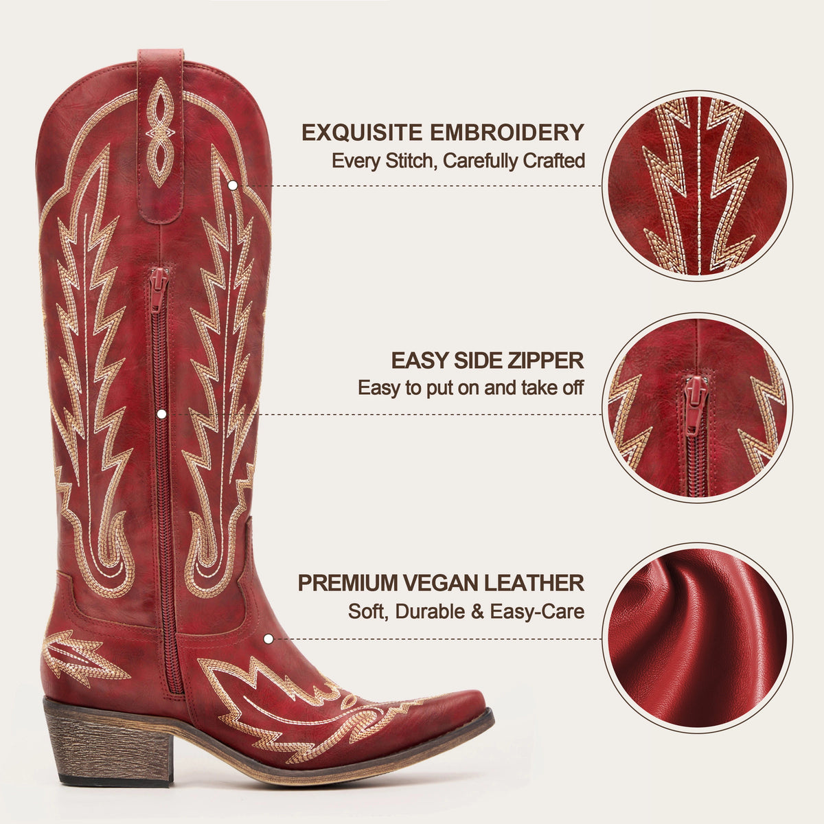 The Rosemary - Canyon Red Embroidered Tall Western Cowgirl Boots with Side Zipper