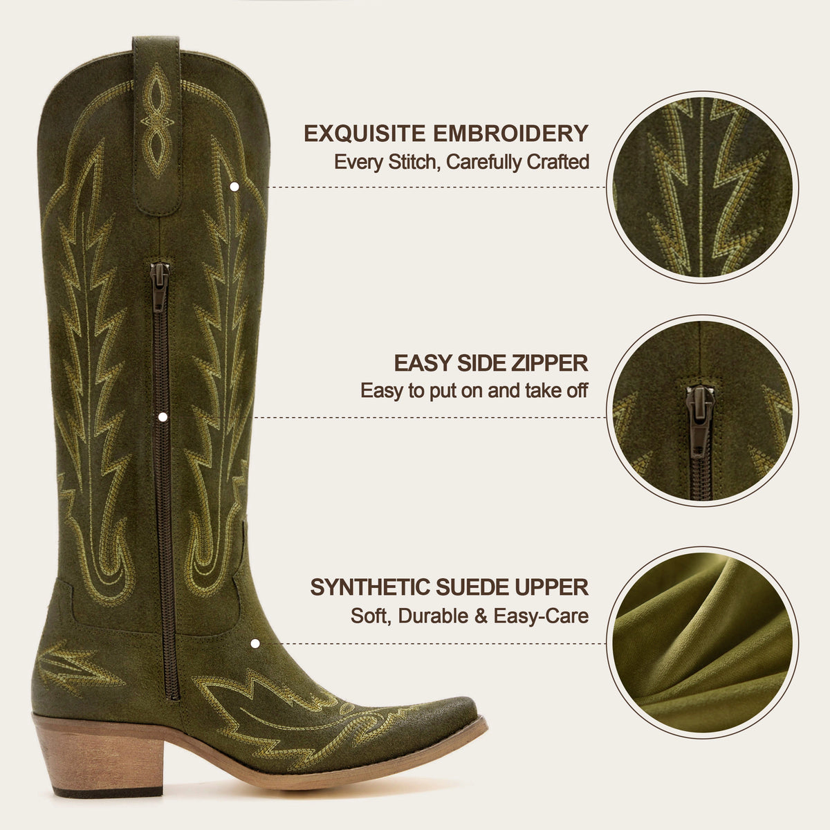 The Rosemary - Olive Embroidered Tall Western Cowgirl Boots with Side Zipper