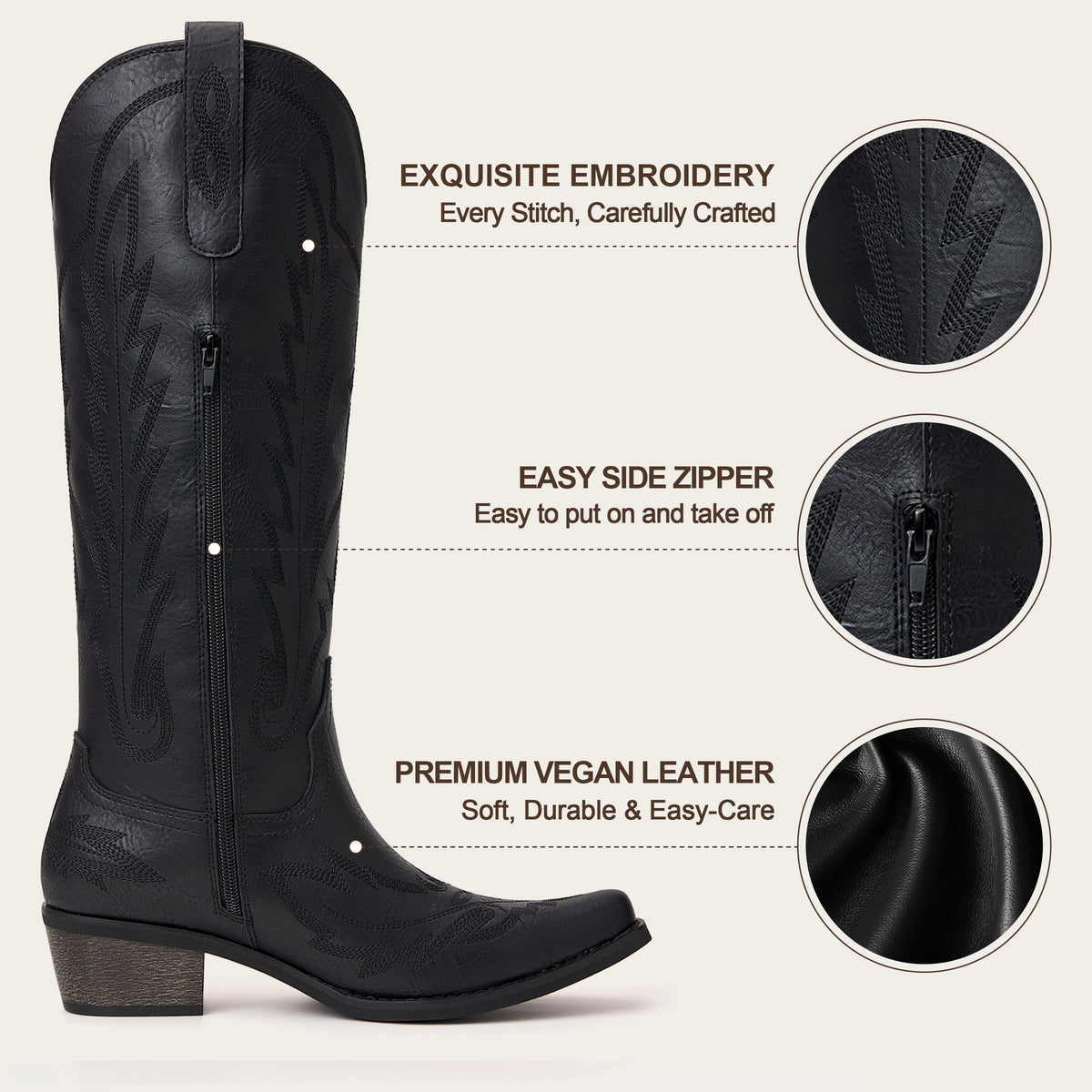 The Rosemary - Black Embroidered Tall Western Cowgirl Boots with Side Zipper