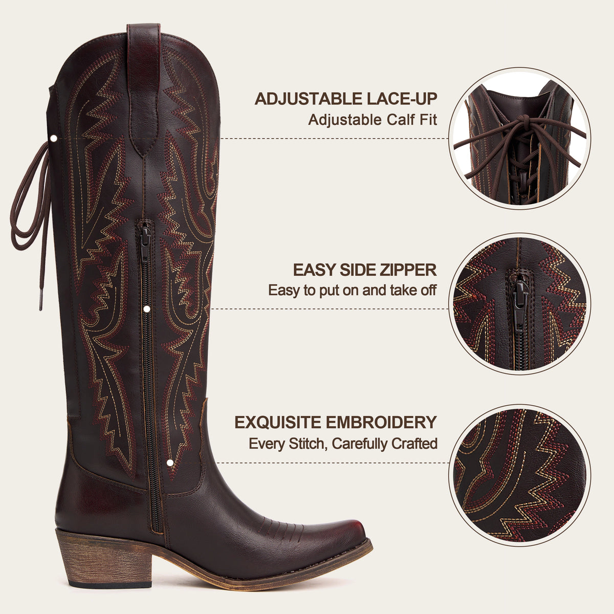 The Withersteen - Mahogany Adjustable Wide Calf Snip Toe Cowgirl Boots