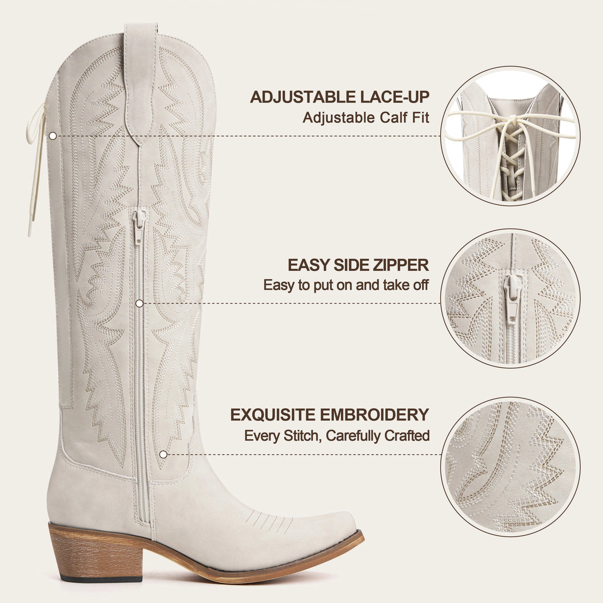The Withersteen - Cream Adjustable Wide Calf Soft Snip Toe Cowgirl Boots