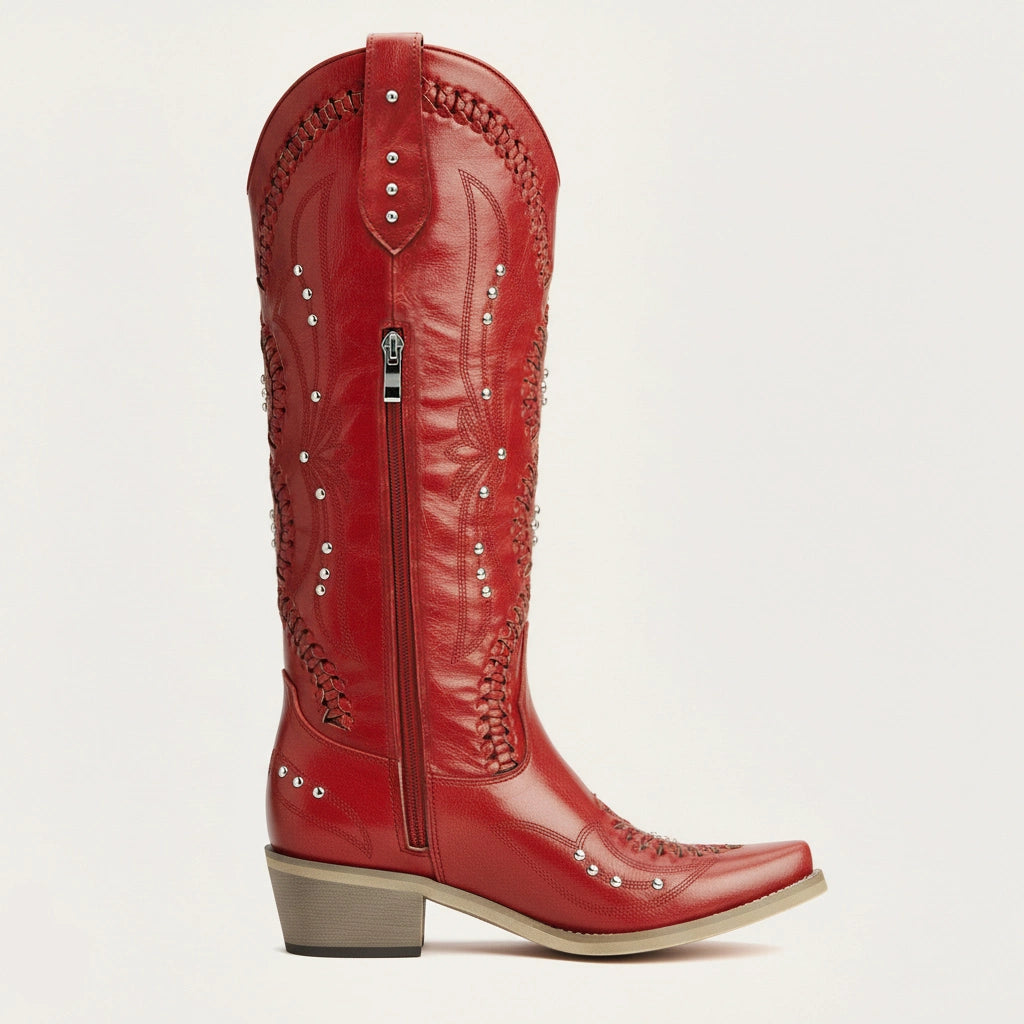 The Kitty - Red Snip Toe Rhinestone Cowgirl Boots with Cutout Woven