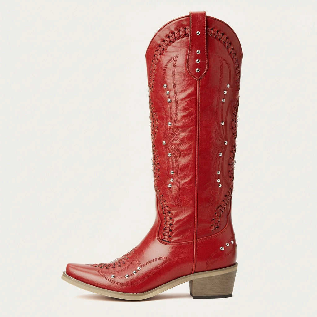 The Kitty - Red Snip Toe Rhinestone Cowgirl Boots with Cutout Woven