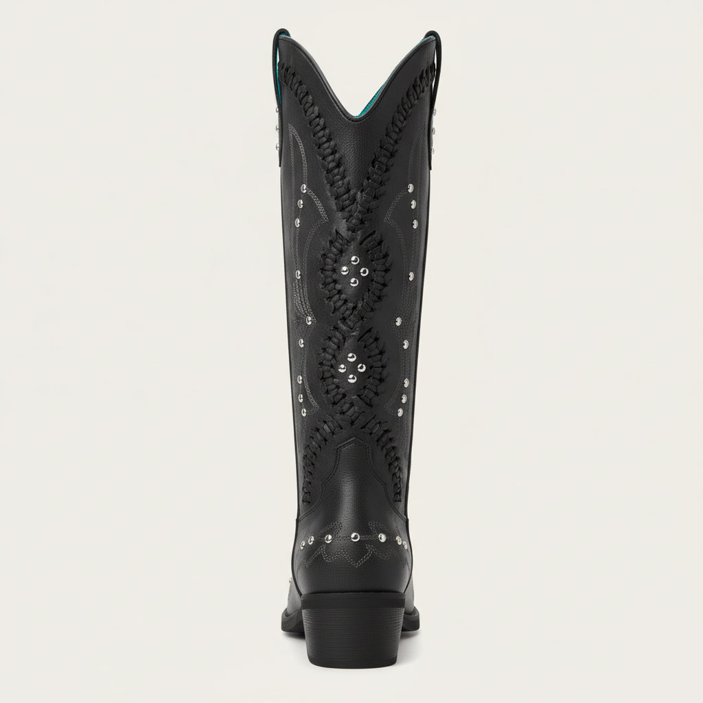 The Kitty - Black Snip Toe Rhinestone Cowgirl Boots with Cutout Woven