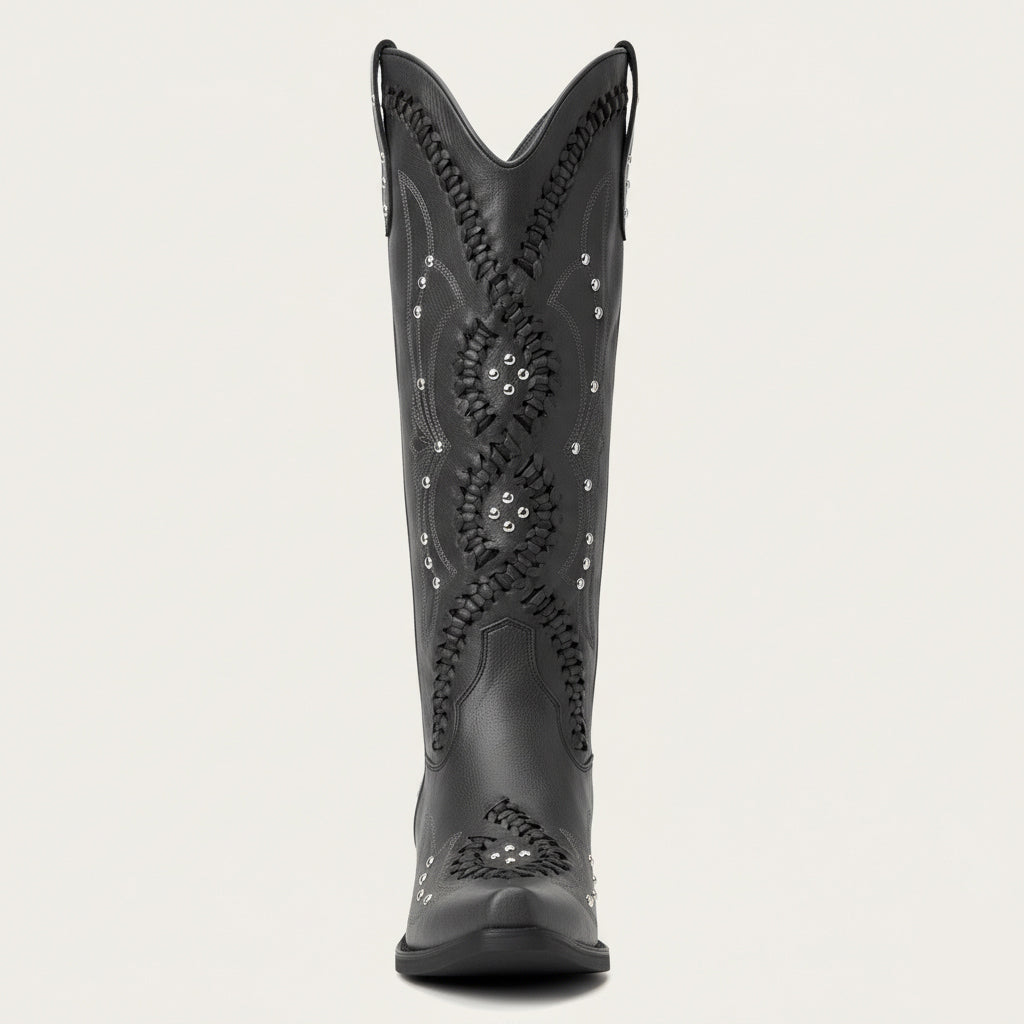 The Kitty - Black Snip Toe Rhinestone Cowgirl Boots with Cutout Woven