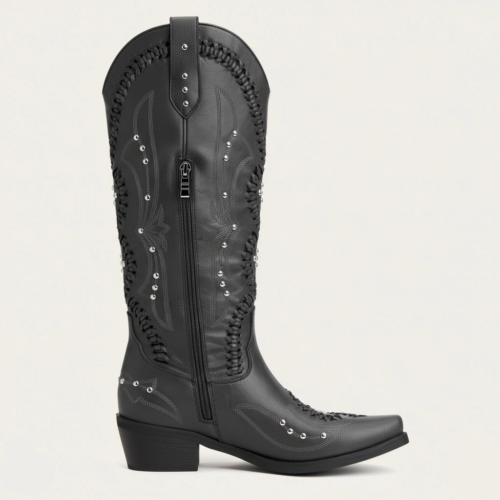 The Kitty - Black Snip Toe Rhinestone Cowgirl Boots with Cutout Woven