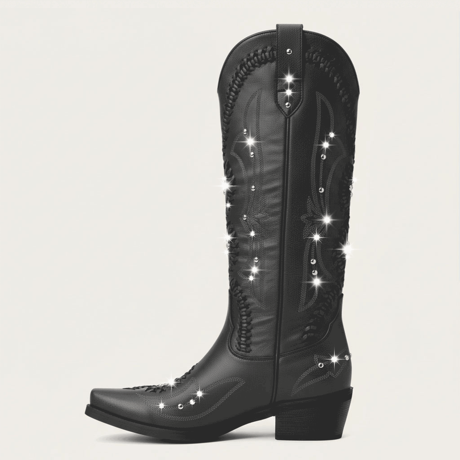 The Kitty - Black Snip Toe Rhinestone Cowgirl Boots with Cutout Woven