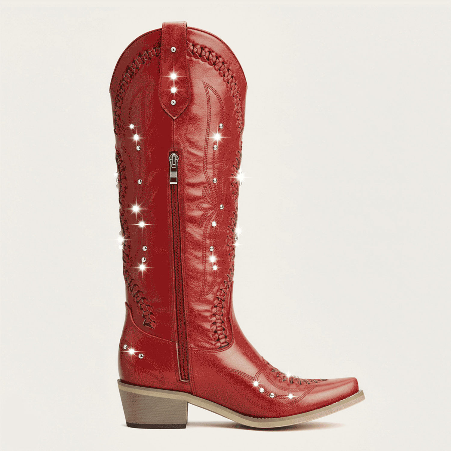 The Kitty - Red Snip Toe Rhinestone Cowgirl Boots with Cutout Woven