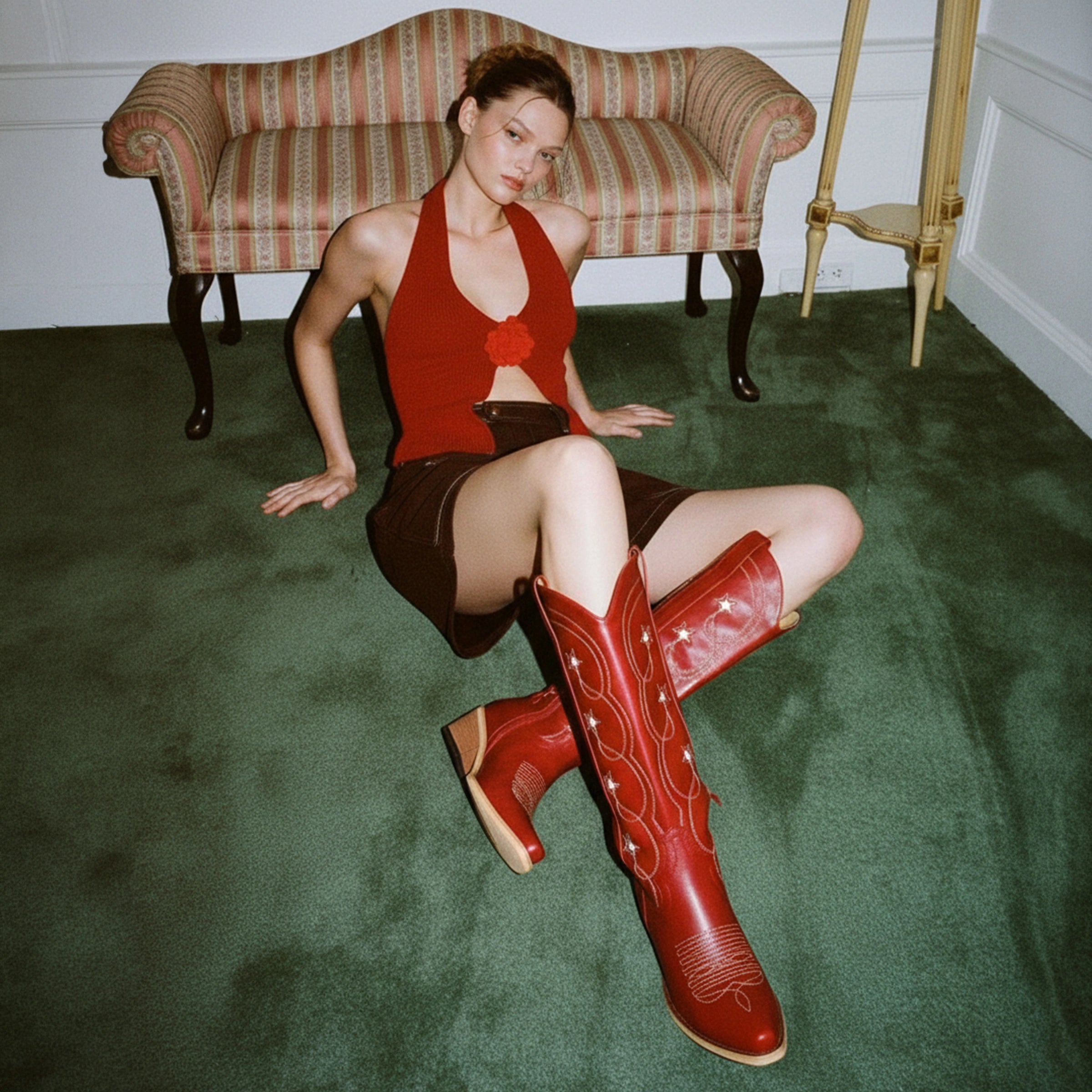 The Stella - Red Starry Embroidered Cowgirl Boots with Bold Detailing