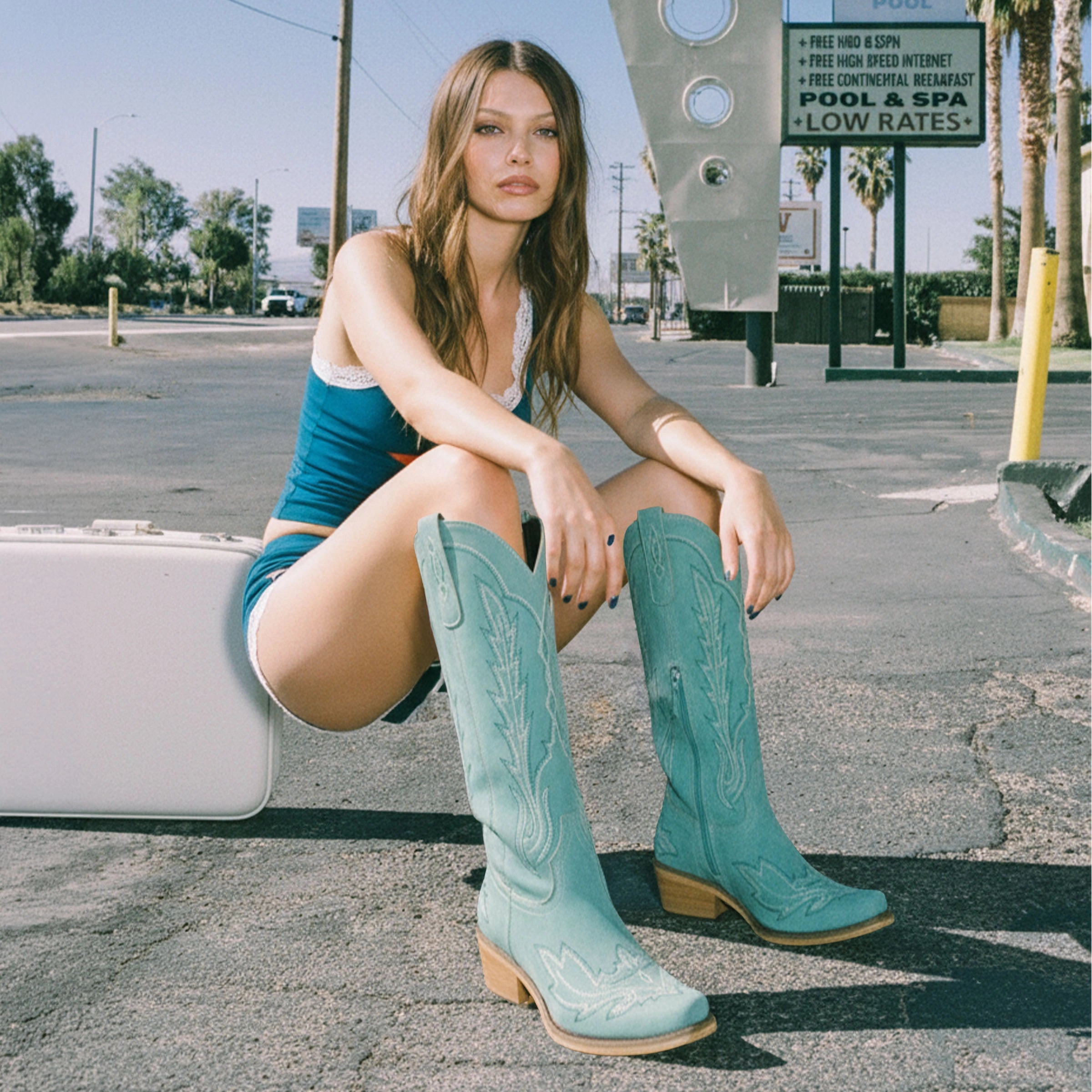 The Rosemary – Turquoise Lightning Embroidered Cowgirl Boots