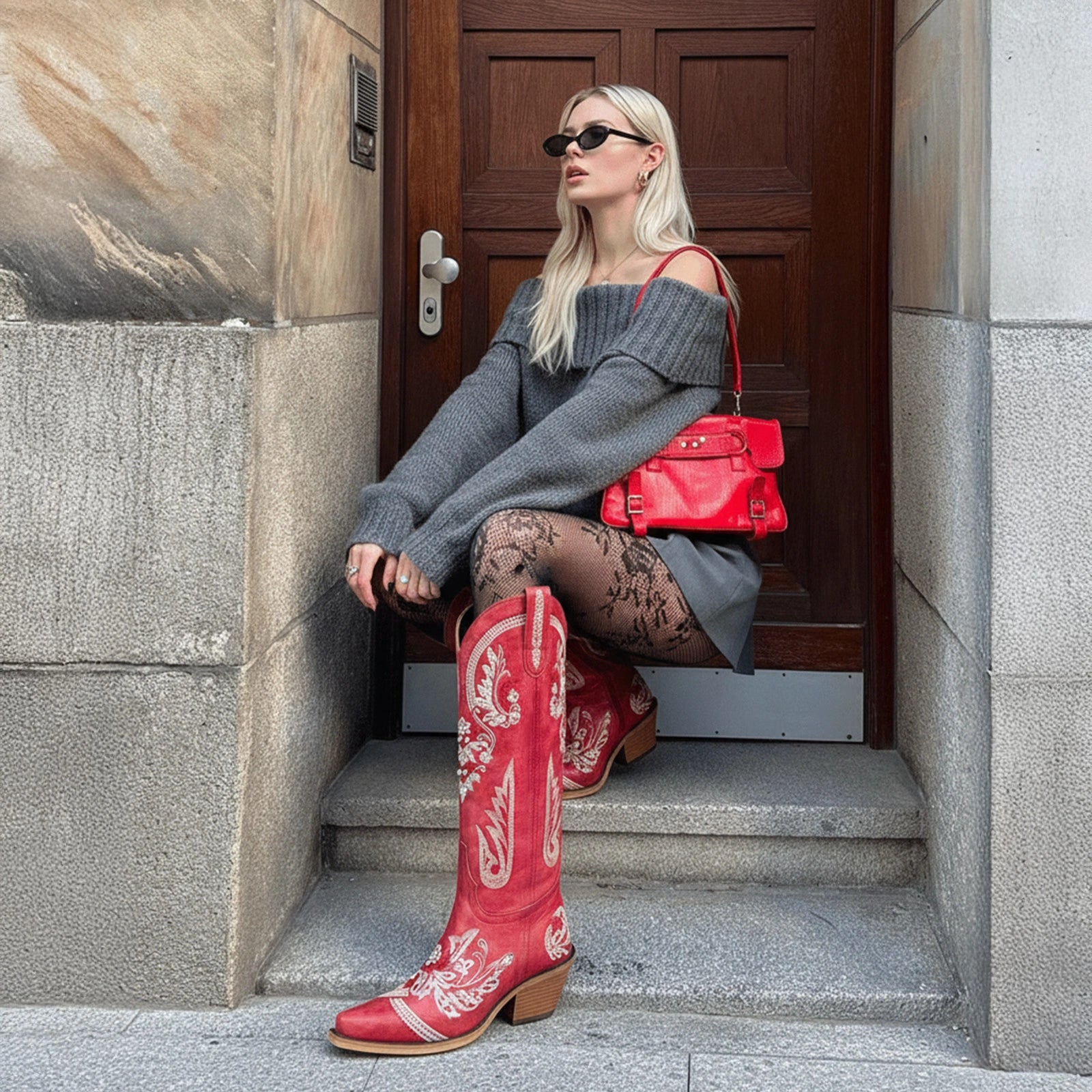 The Aurelia - Crimson Blaze Women's Cowgirl Boots with Snip Toe & Floral Embroidery