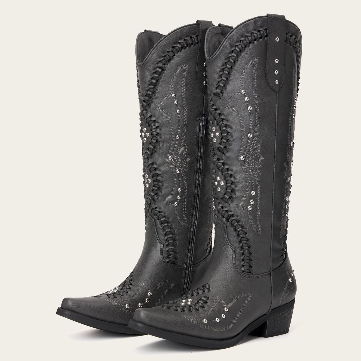 The Kitty - Charcoal Rhinestone Cutout Braided Snip Toe Cowgirl Boots with Side Zipper