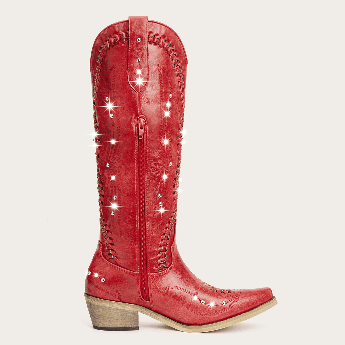 The Kitty - Red Rhinestone Cutout Braided Snip Toe Cowgirl Boots with Side Zipper