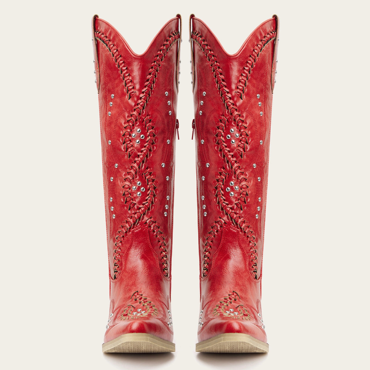 The Kitty - Red Rhinestone Cutout Braided Snip Toe Cowgirl Boots with Side Zipper