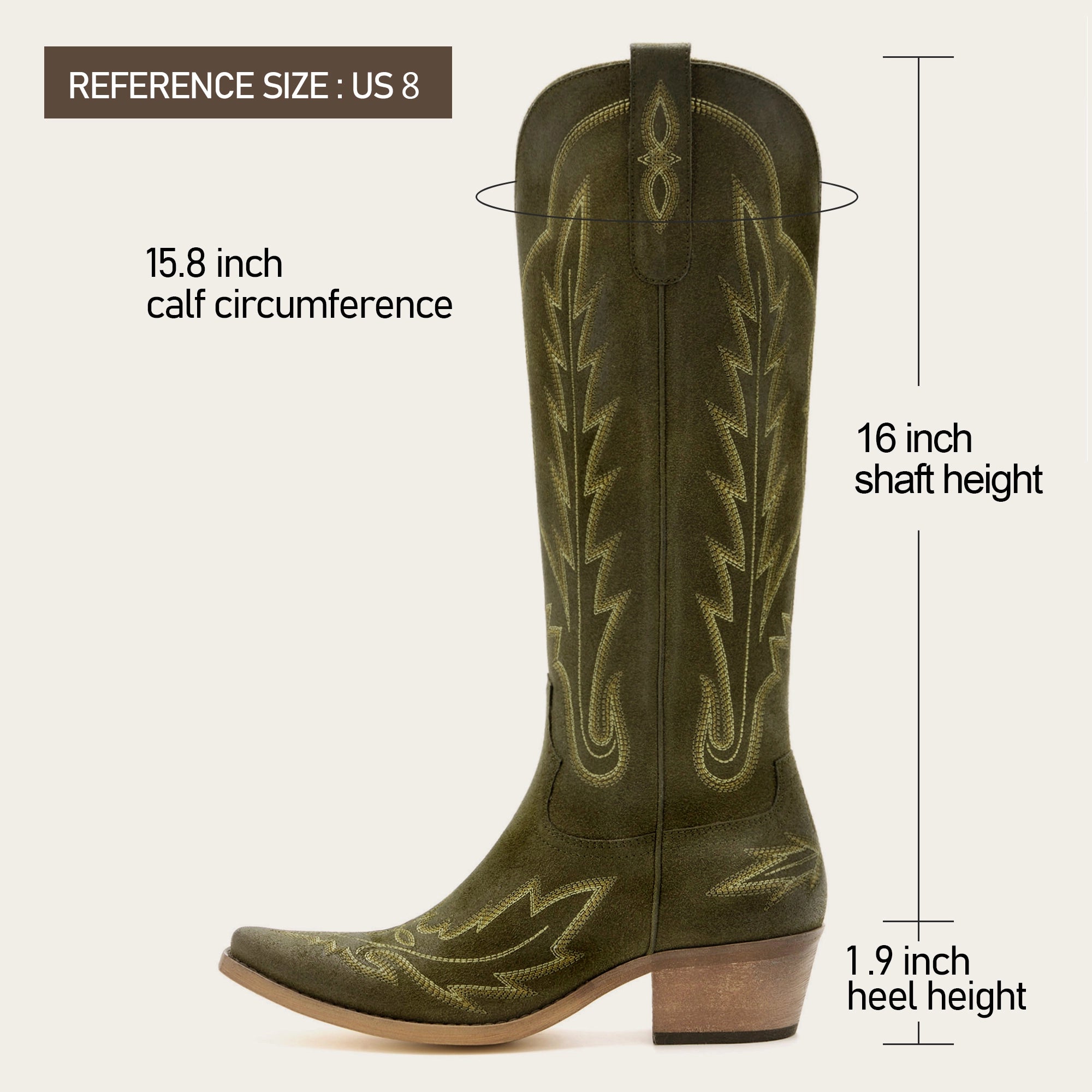 The Rosemary - Olive Embroidered Tall Western Cowgirl Boots with Side Zipper