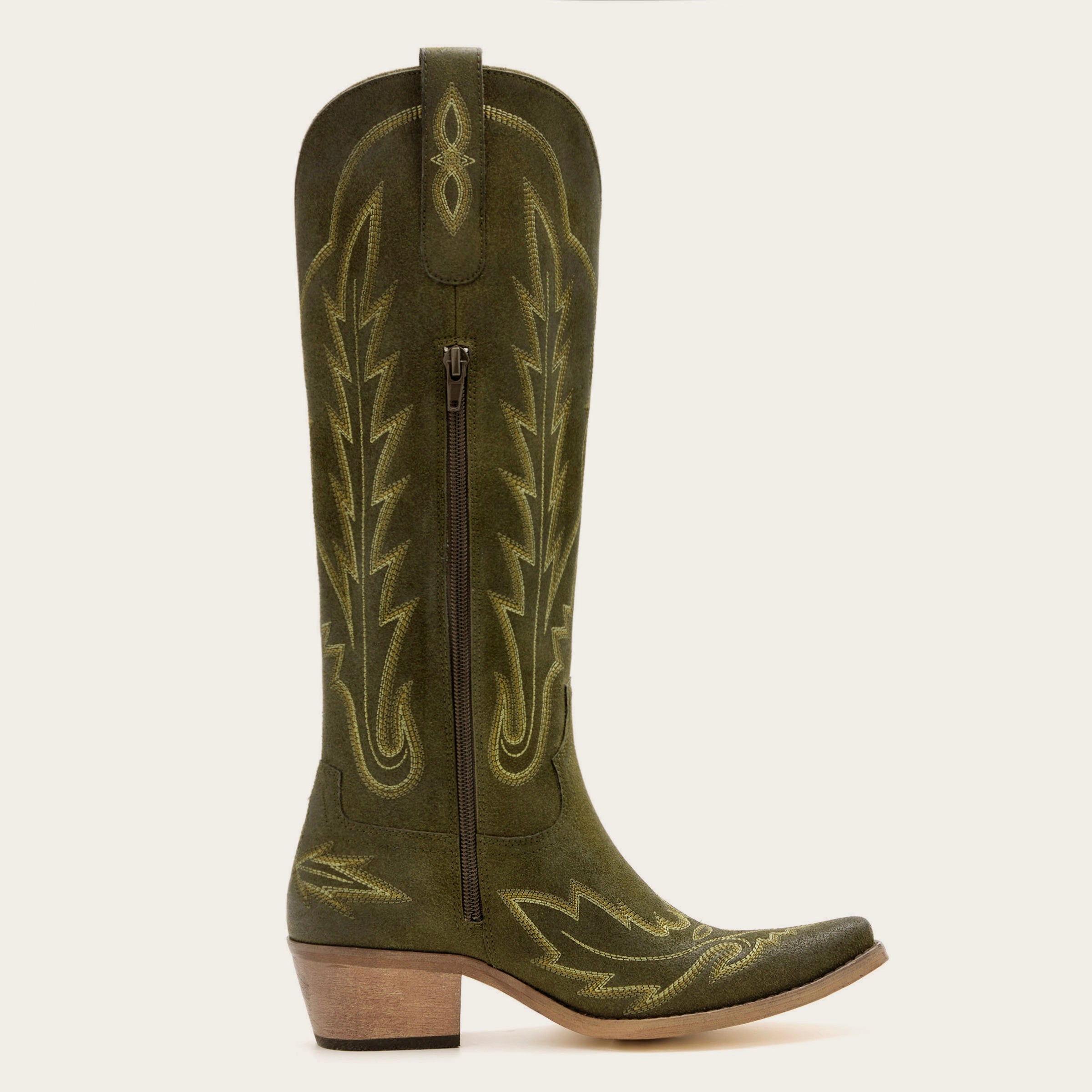 The Rosemary - Olive Embroidered Tall Western Cowgirl Boots with Side Zipper