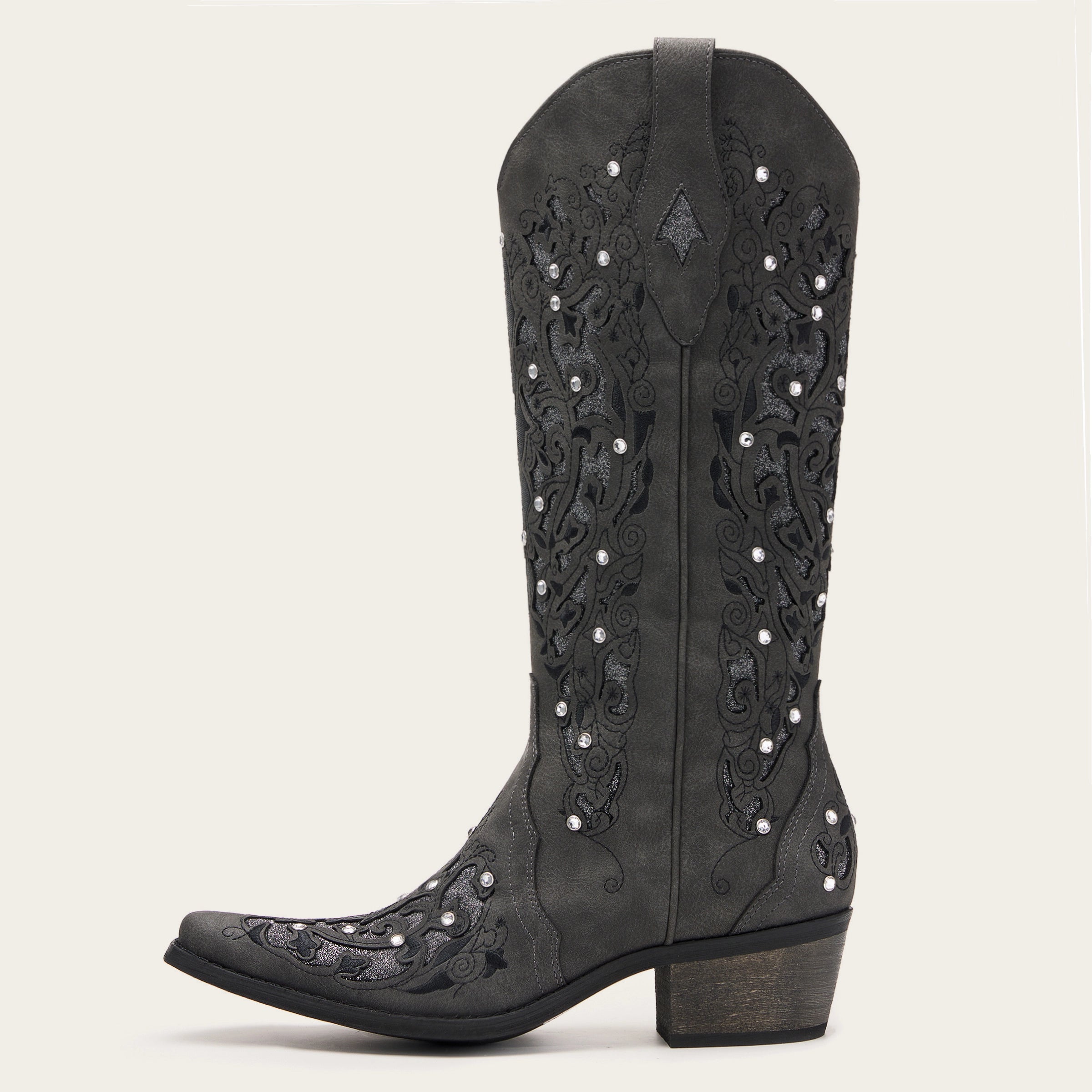 The Ballou - Black Embroidered Cowgirl Boots with Rhinestone and Cutouts