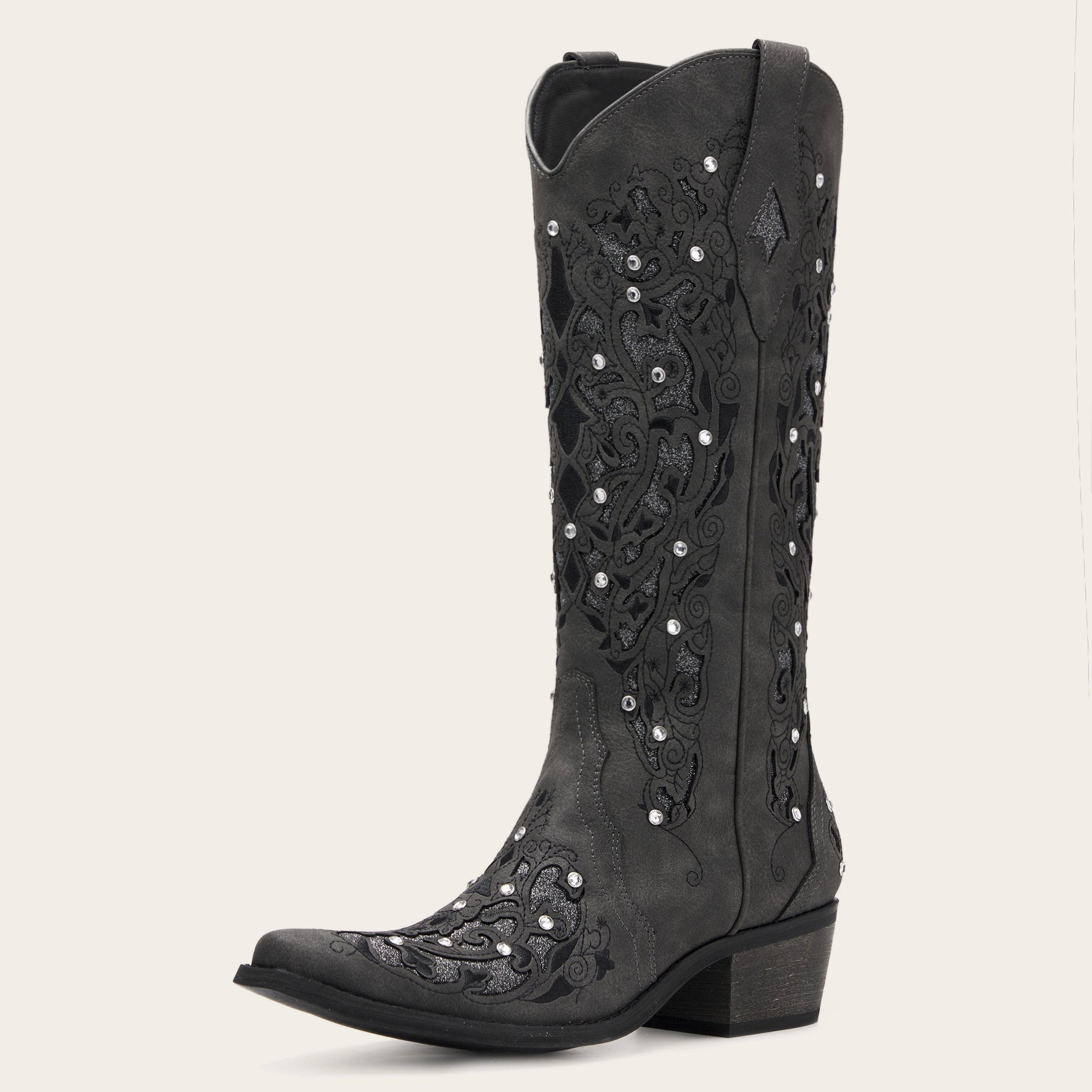 The Ballou - Black Embroidered Cowgirl Boots with Rhinestone and Cutouts