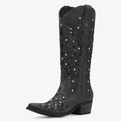 REDTOP Women's Western Cowgirl Boots Black Rhinestone Embroidered Boots