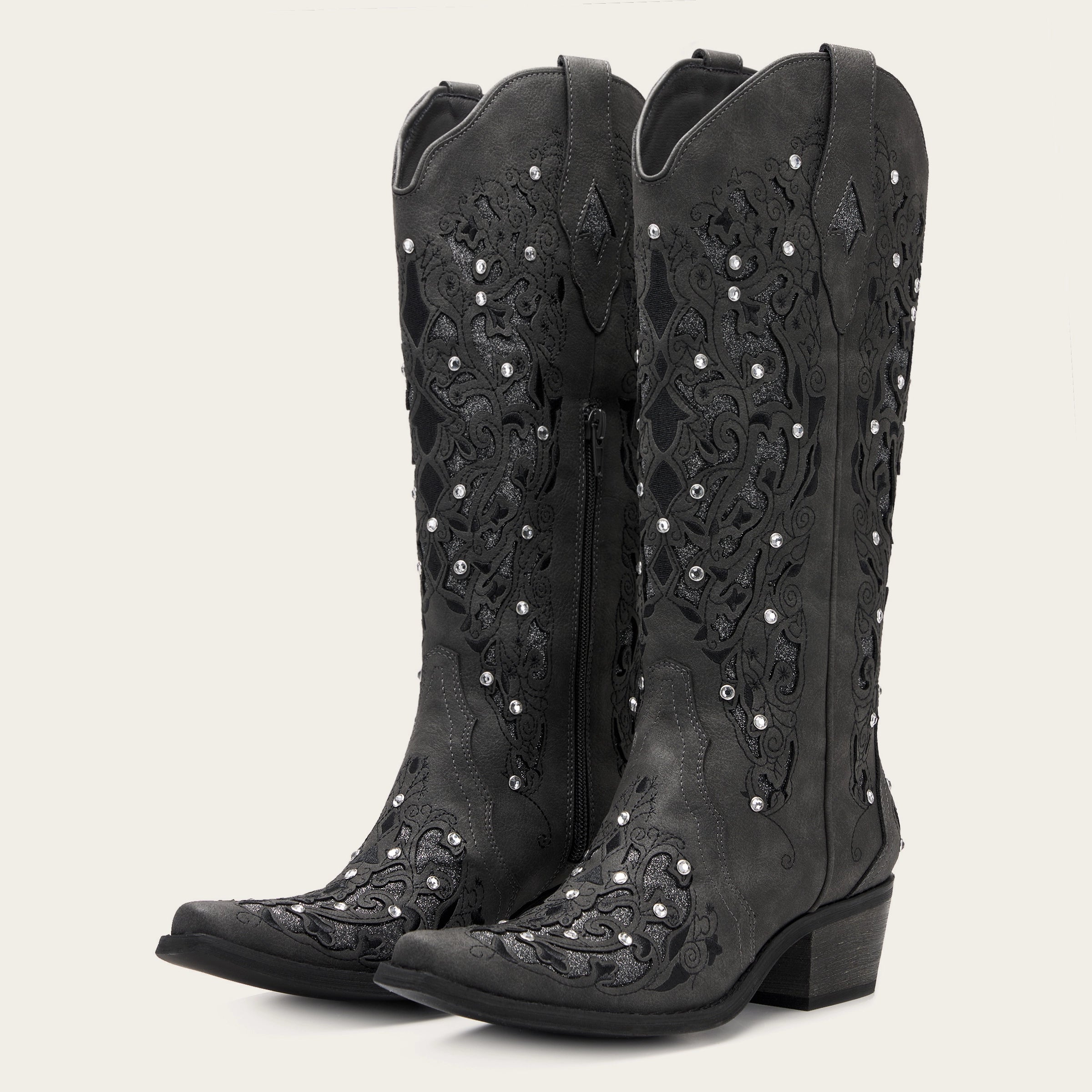 The Ballou - Black Embroidered Cowgirl Boots with Rhinestone and Cutouts