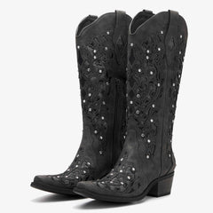 REDTOP Women's Western Cowgirl Boots Black Rhinestone Embroidered Boots