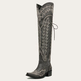 The Ross - Grey Over-the-Knee Cowgirl Boots with Back Tie & Embroidery