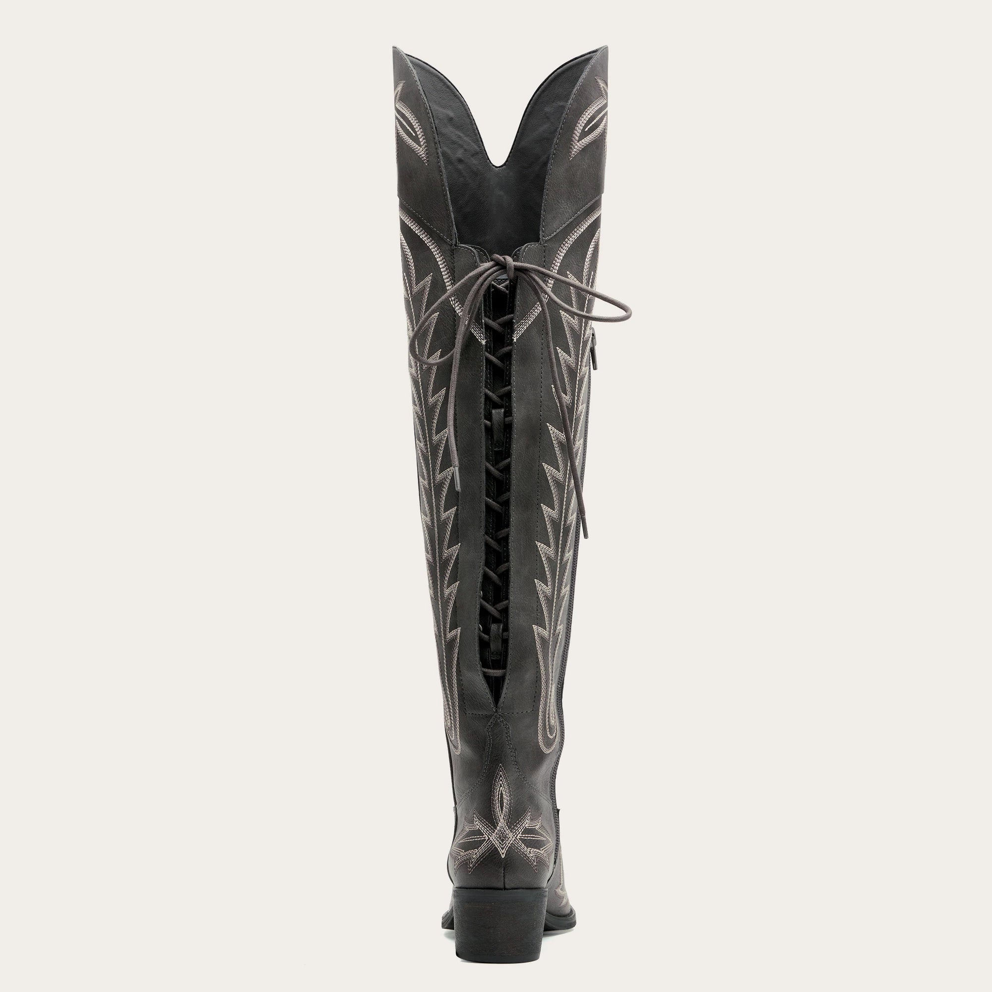The Ross - Grey Over-the-Knee Cowgirl Boots with Back Tie & Embroidery