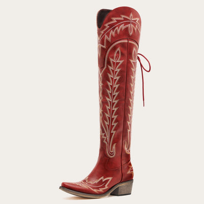 The Ross - Red Over-the-Knee Wide Calf Cowgirl Boots with Back Tie & Embroidery
