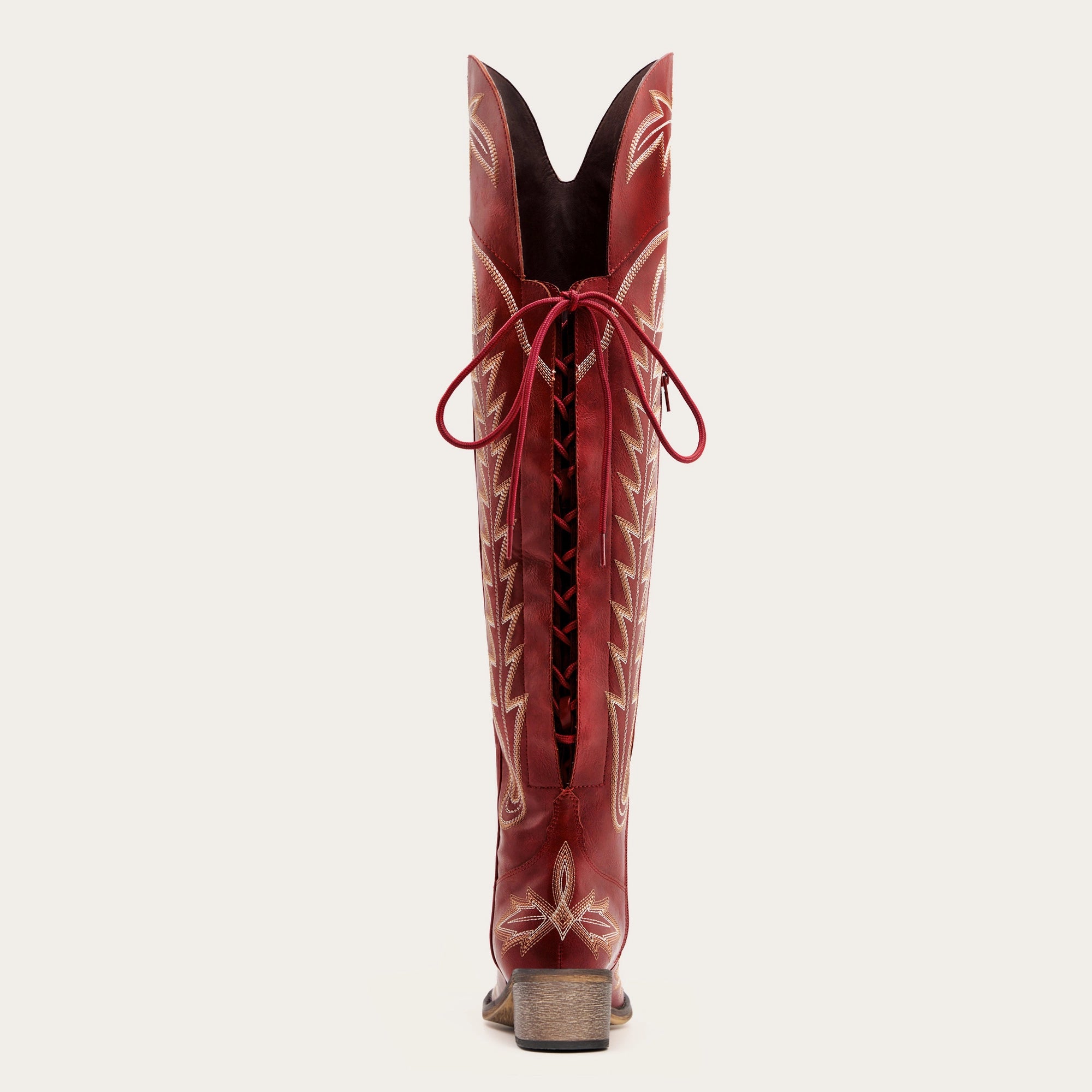 The Ross - Red Over-the-Knee Cowgirl Boots with Back Tie & Embroidery