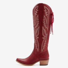 Women's Cowgirl Western Boots Long Lace-up Red Embroidered Boots