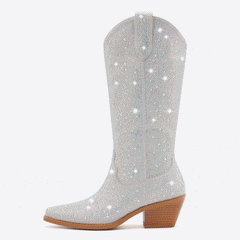Stylish Women's Cowgirl Boots with Side Zipper and Full Rhinestone Embellishments