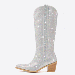 Women's Rhinestone-Embellished Cowgirl Boots with Side Zipper and Pointed Toe
