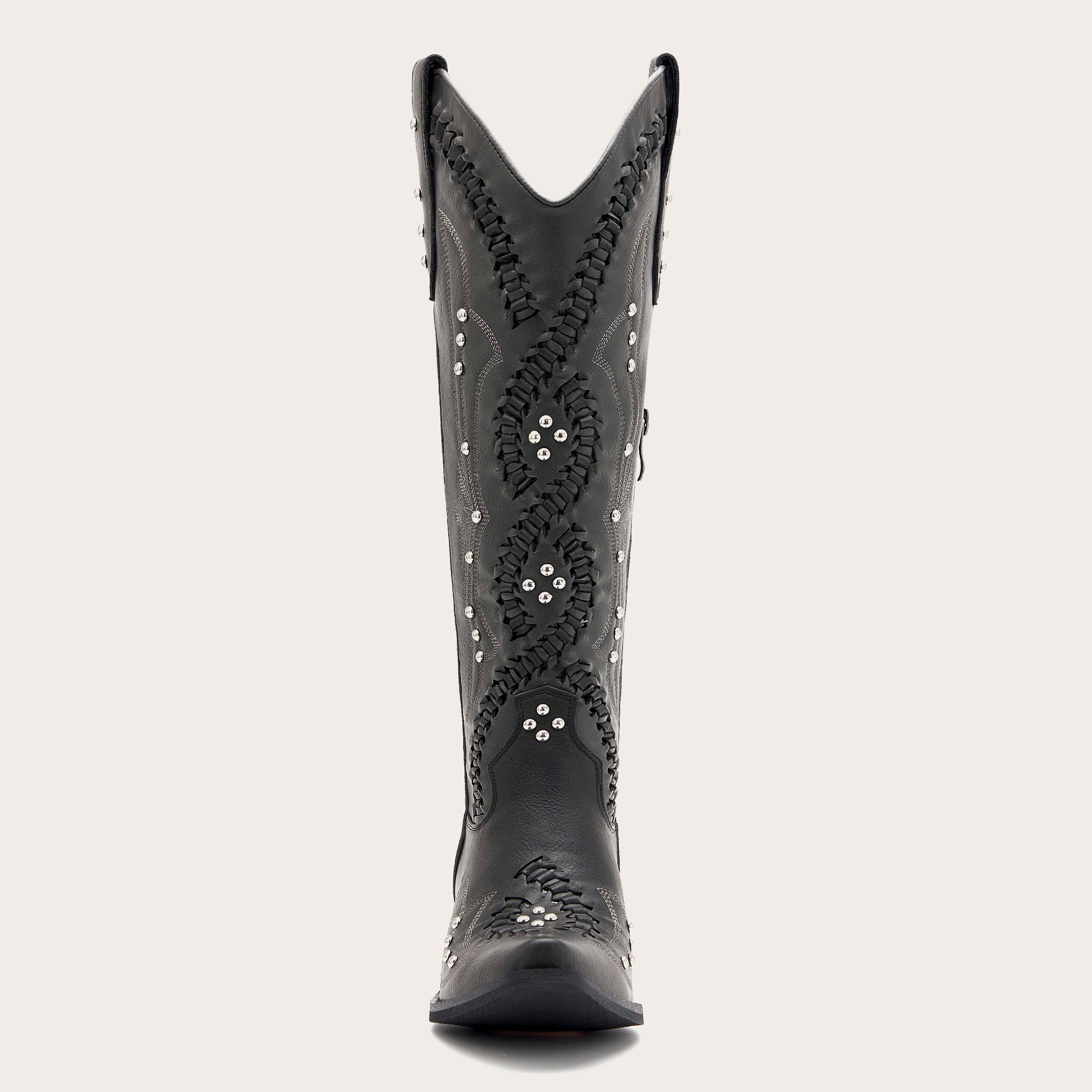 The Kitty - Black Snip Toe Rhinestone Cowgirl Boots with Cutout Woven