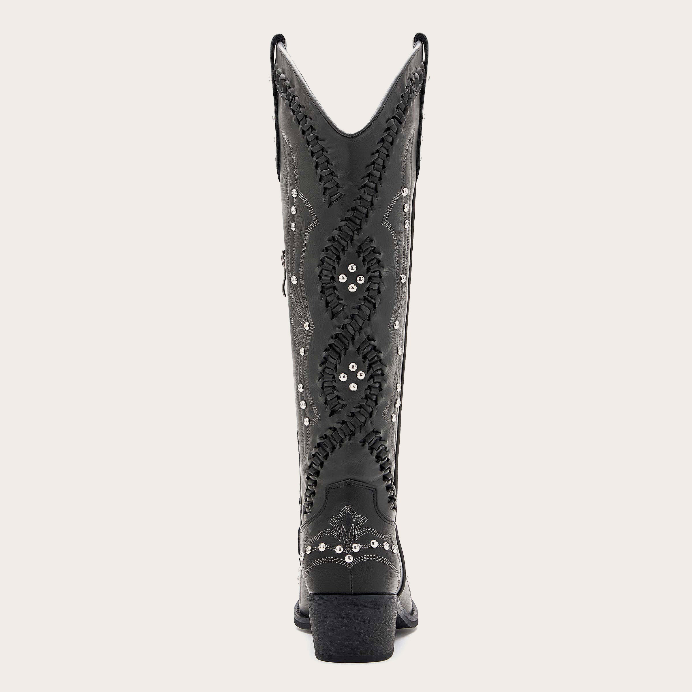 The Kitty - Black Snip Toe Rhinestone Cowgirl Boots with Cutout Woven