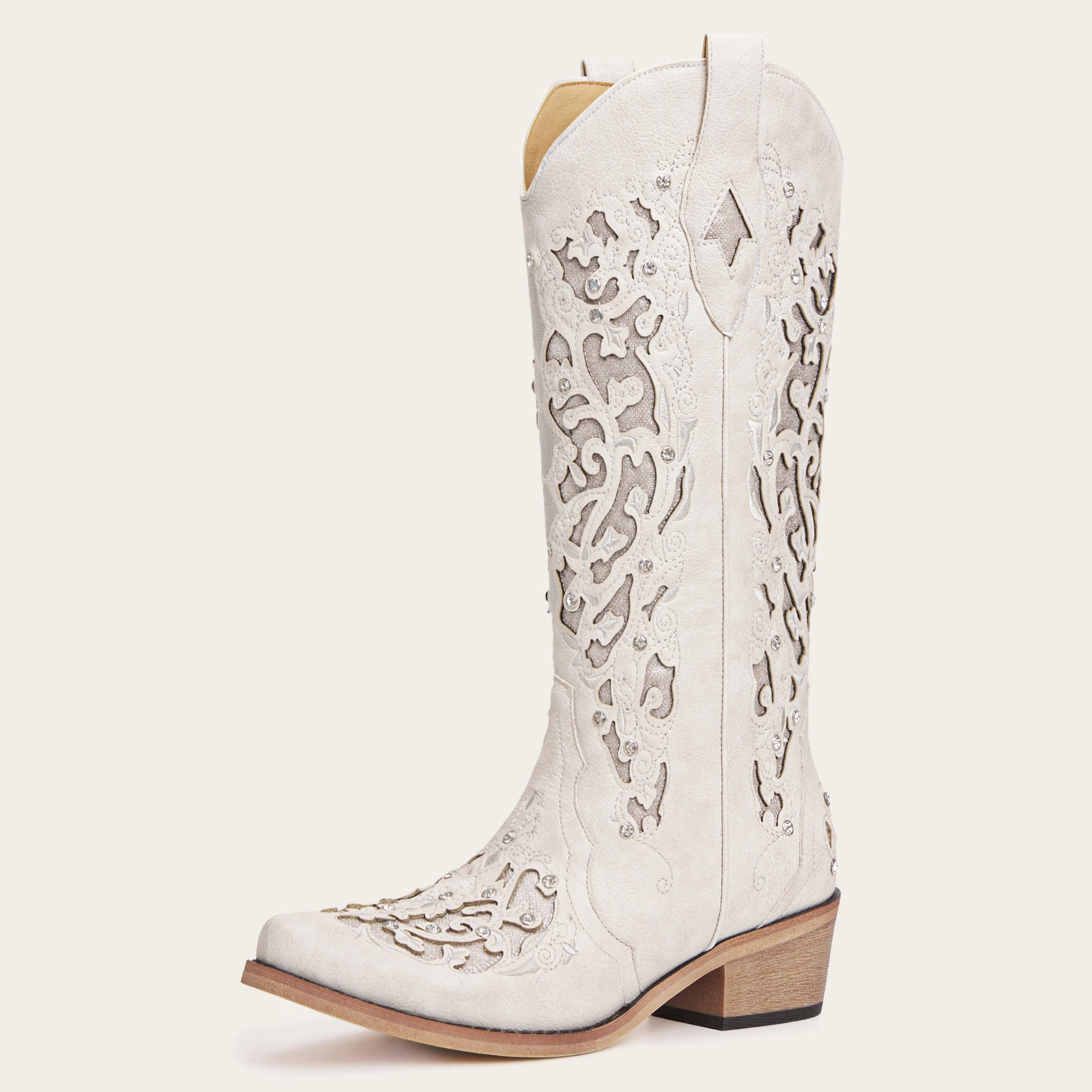 The Ballou - White Embroidered Cowgirl Boots with Rhinestone and Cutouts