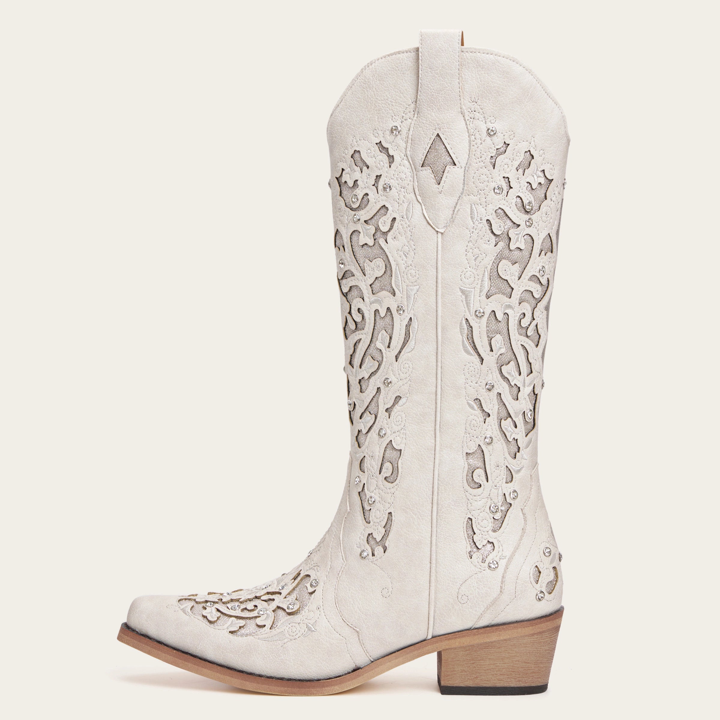 The Ballou - White Embroidered Cowgirl Boots with Rhinestone and Cutouts