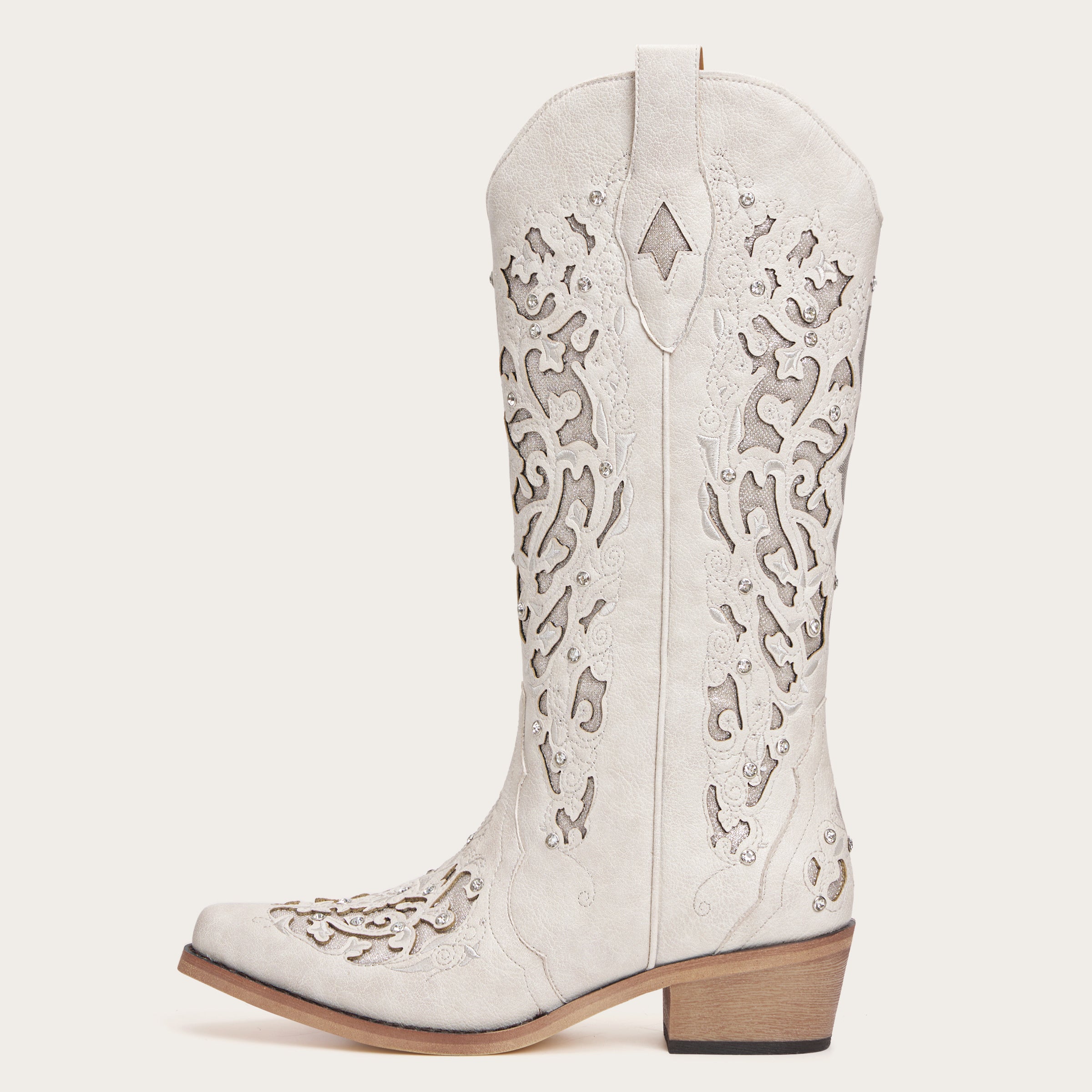 The Ballou - White Embroidered Cowgirl Boots with Rhinestone and Cutouts
