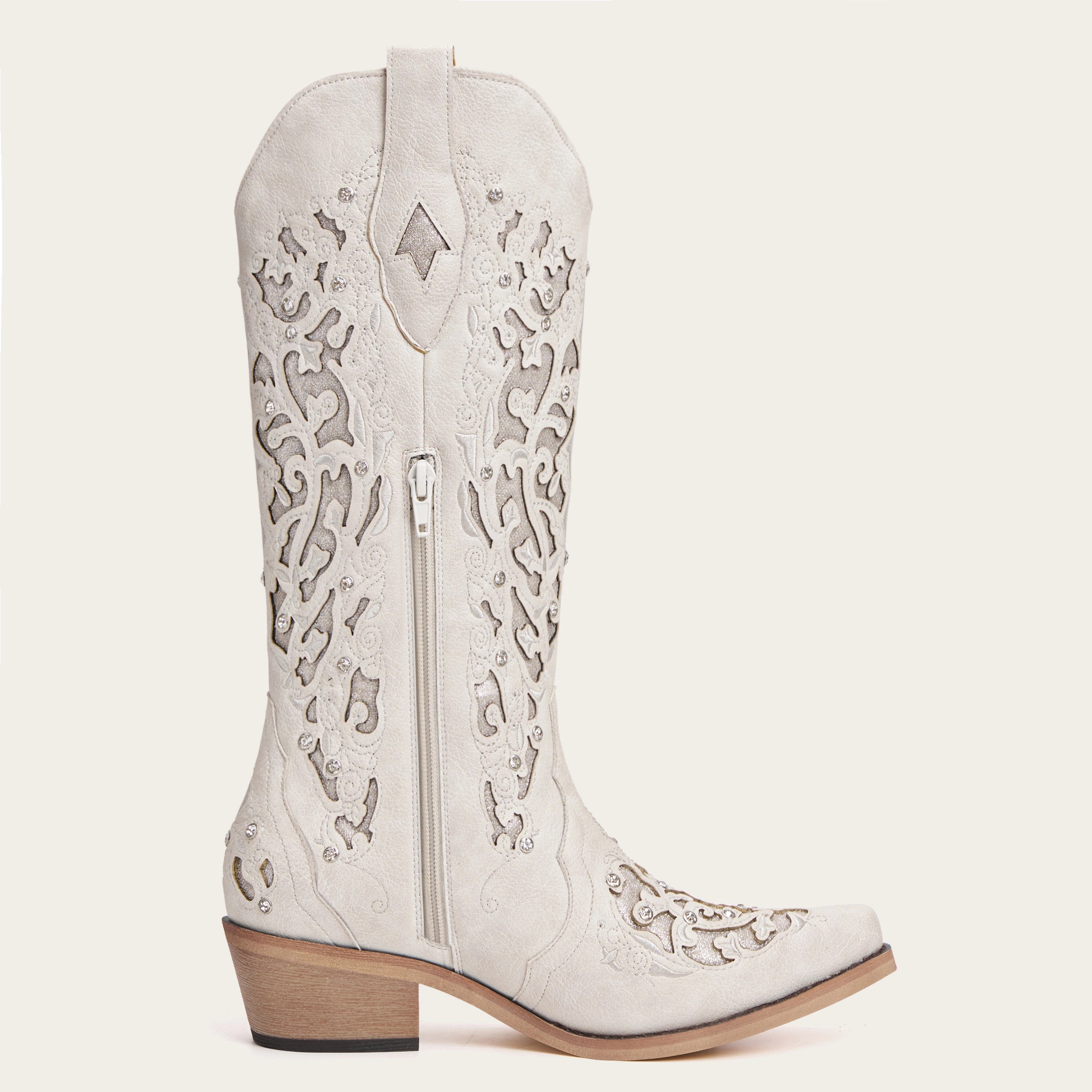 The Ballou - White Embroidered Cowgirl Boots with Rhinestone and Cutouts
