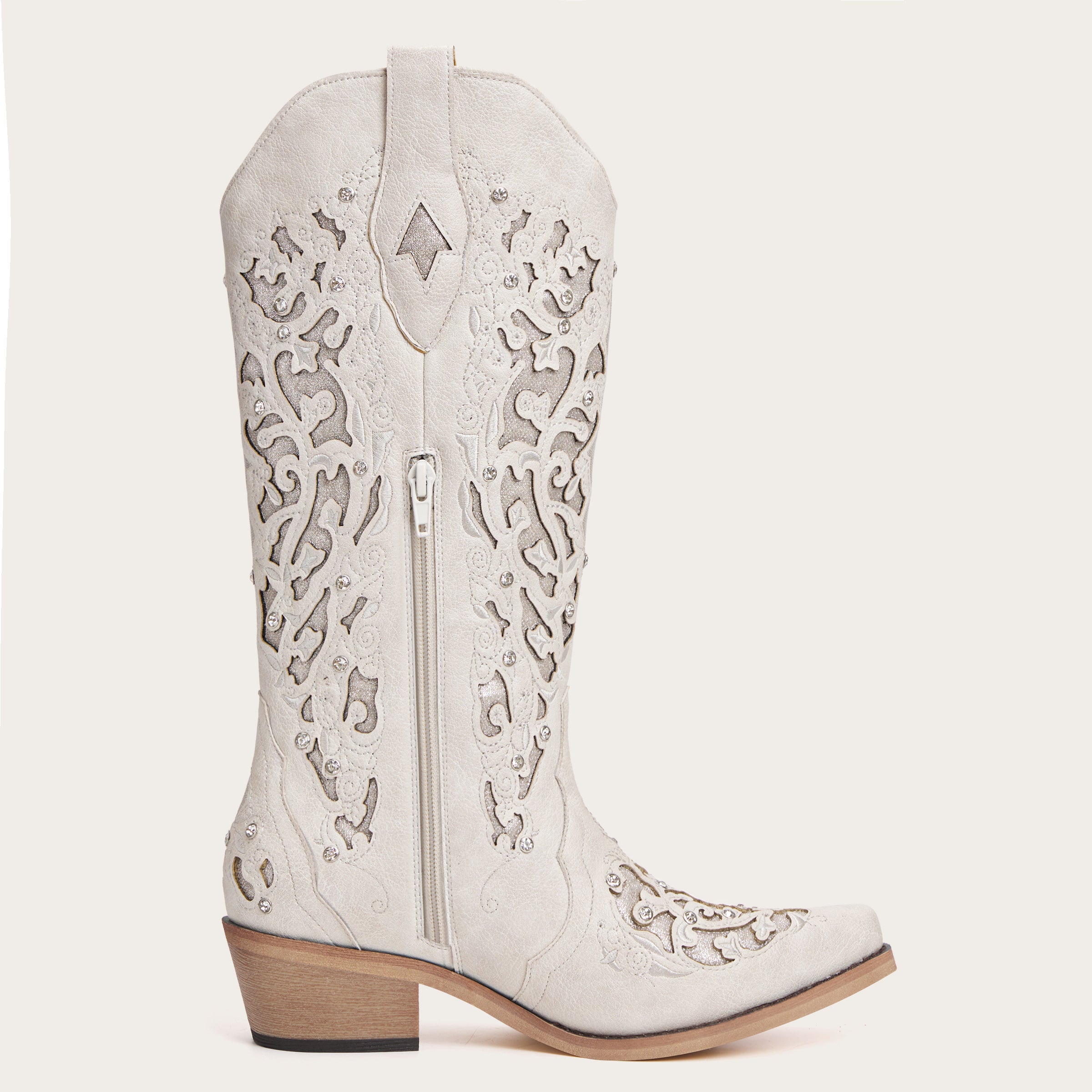 The Ballou - White Embroidered Cowgirl Boots with Rhinestone and Cutouts