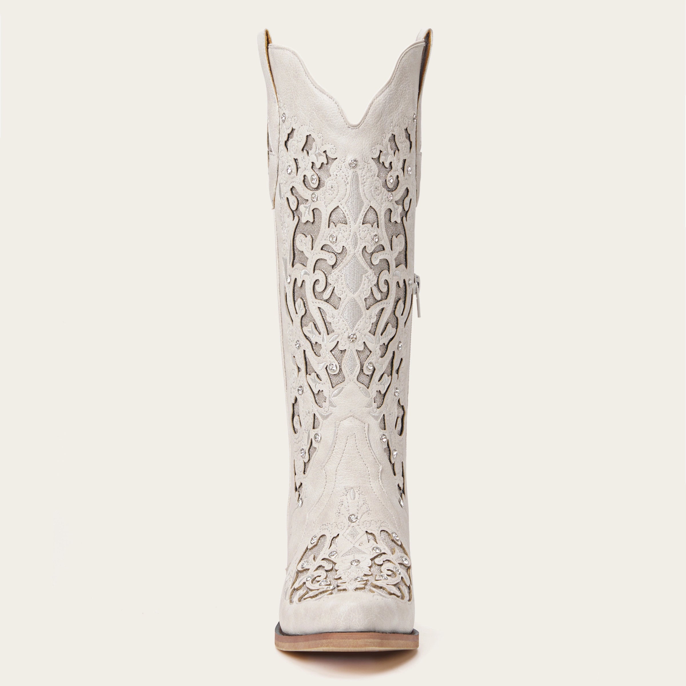 The Ballou - White Embroidered Cowgirl Boots with Rhinestone and Cutouts